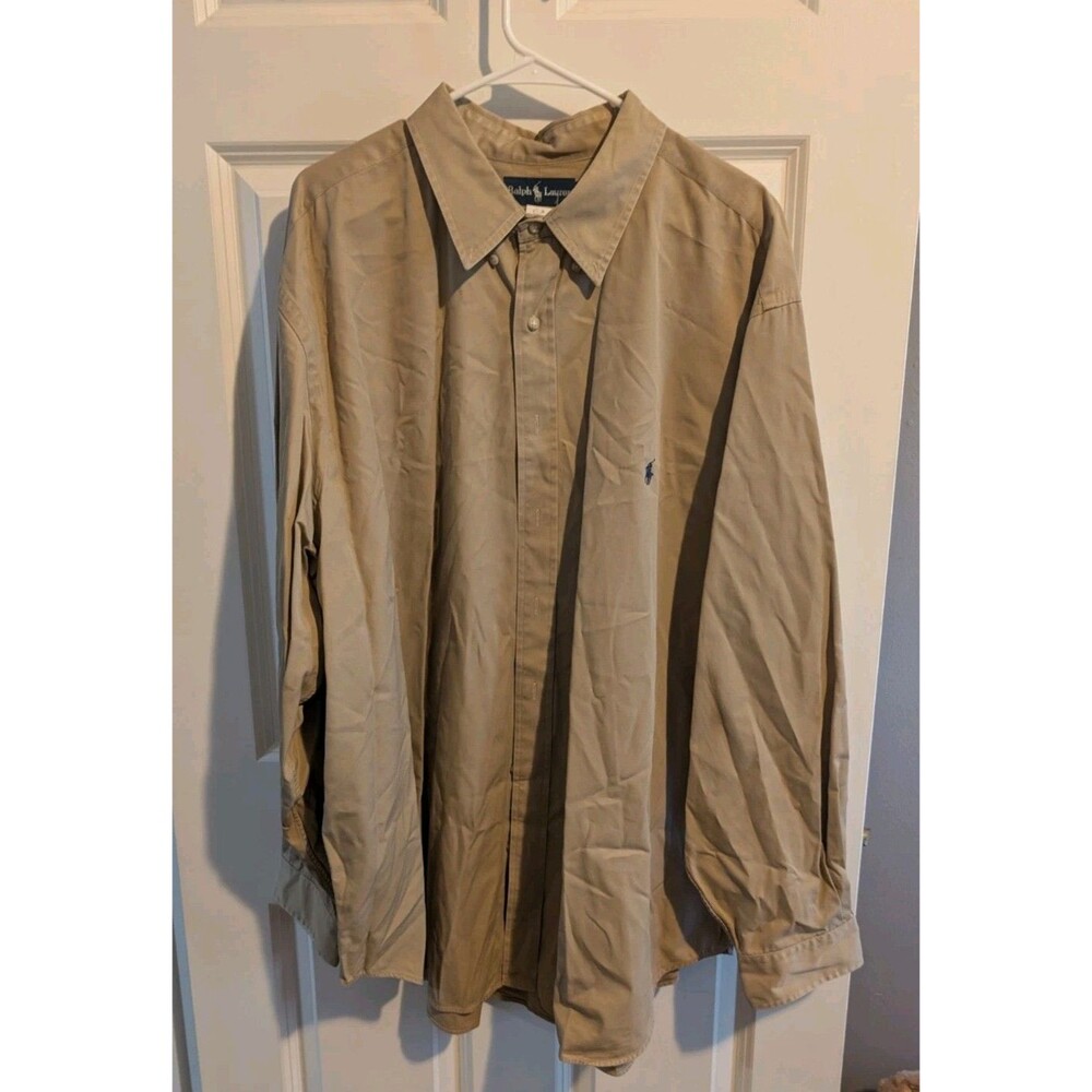 Polo Ralph Lauren 3xb BIG Beige Khaki Classic Fit Button Dress Shirt Blue Pony